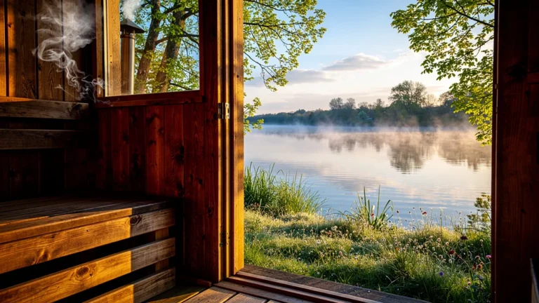 Matinée paisible de sauna face à l’Erdre au lever du soleil, ambiance bien-être et nature apaisante